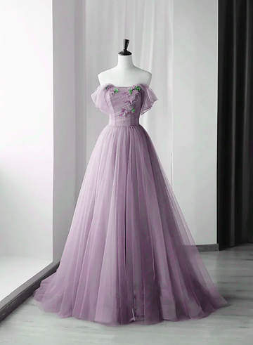 Beautiful Purple Tulle Sweetheart Off Shoulder Long Prom Dress HZ1023